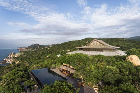 Aerial view of Central Pavilion and Cliff Pool on the hilltop at amanoi luxury resort vietnam